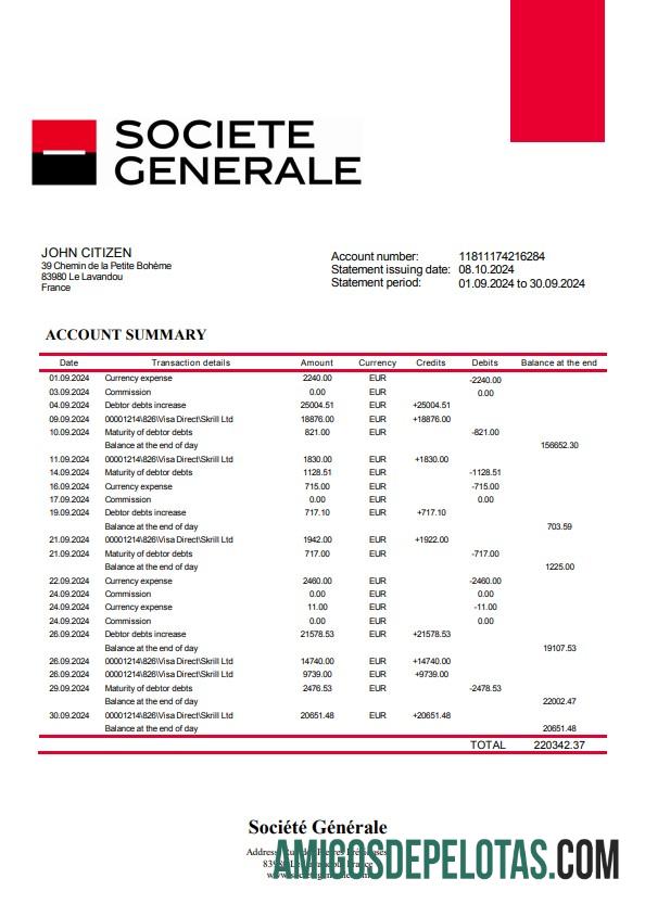 Modelo realista de extrato bancário da Société Générale da França, formato Word e PDF